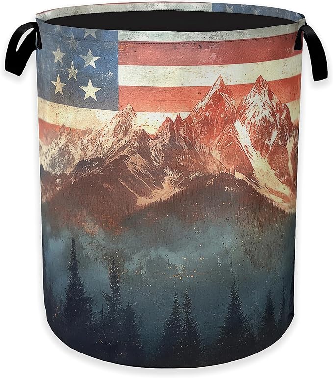 Vintage American Flag Laundry Hamper, Forest Mountain Clothes Hamper by Unknown