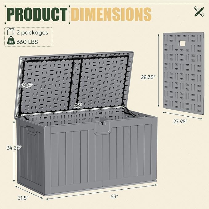 JUMMICO 250 Gallon Outdoor Resin Deck Box with Divider, Waterproof Storage Box with Lockable Lid&Side Handles for Garden Tools, Pools Supplies (Gray) - Image 5