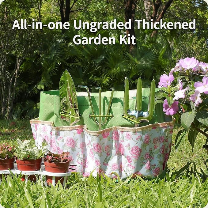 Garden Tool Set,10 Piece Garden Kit,Heavy Duty Stainless Steel Gardening Hand Tools with Durable Storage Tote,Rust-Proof Garden Tools,Gardening Gifts for Women Men Pink Floral Pattern Design - Image 2