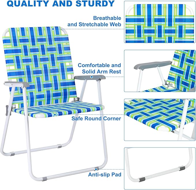 VINGLI Oversize Patio Lawn Webbed Folding Chairs Set of 2, Outdoor Beach Chair Portable Dining Chair for Outdoor Yard, Garden (Blue, Oversized) - Image 5