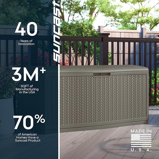Suncast Extra Large Deck Box - 124 Gallon Resin Outdoor Storage Box with Lockable Lid for Outdoor Cushion Storage, Toys, & Garden Gear, Stoney Grey Wicker Bin for Patio, Porch, Pool, & Yard - Image 9