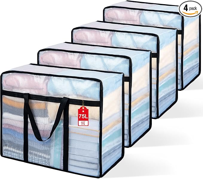 4 Pack Clear Blanket Storage Bags, 75L Plastic Comforter Clothes Storage Bags by Besslly