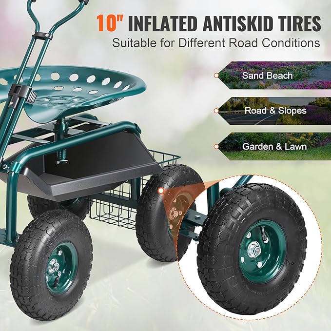 VEVOR Garden Cart Rolling Workseat with Wheels, Gardening Stool for Planting, 360 Degree Swivel Seat, Wagon Scooter with Steering Handle & Utility Tool Tray, Use for Patio, Yard, and Outdoors, Green - Image 4