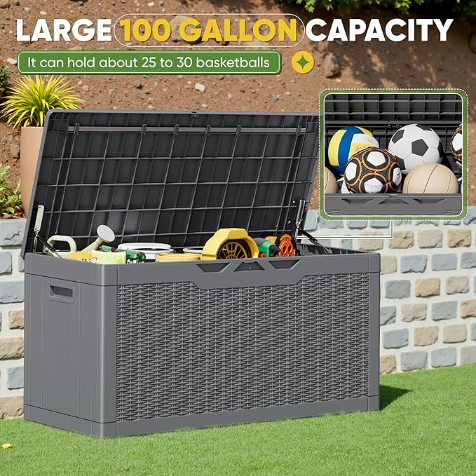 Greesum Outdoor Storage Box 100 Gallon Storage Bin with Lid for Patio Furniture, Garden Tools, Pool Supplies, Lockable, Waterproof and UV Resistant, Gray - Image 4