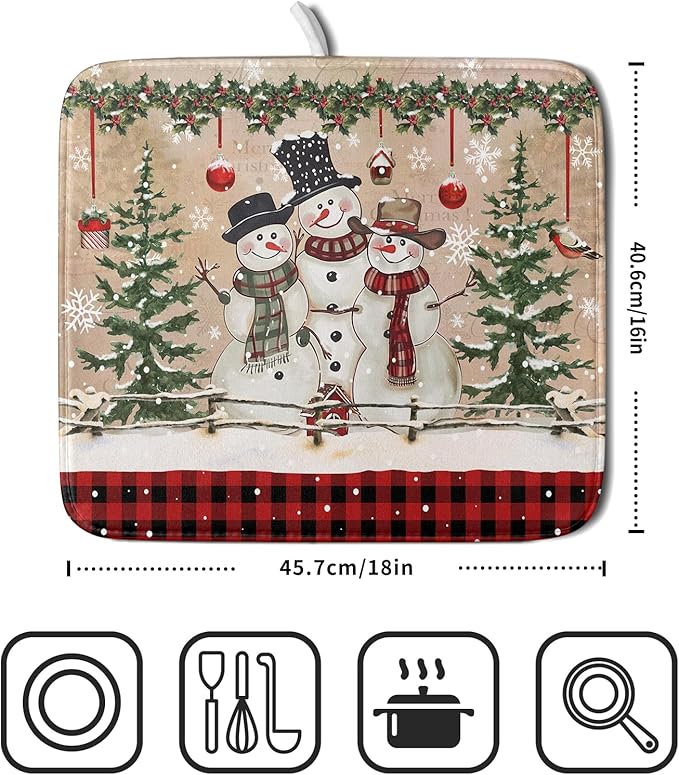 Winter Snowman Dish Drying Mat 16x18 Inch Red Buffalo Plaid Holiday Dish - Image 2