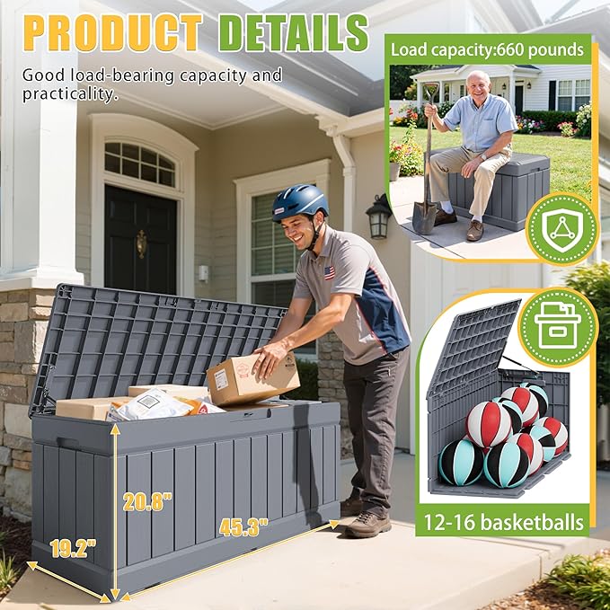 Greesum Outdoor Storage Box 82 Gallon Storage Bin with Lid for Patio Furniture, Garden Tools, Pool Supplies, Waterproof and UV Resistant, Lockable, Gray - Image 6