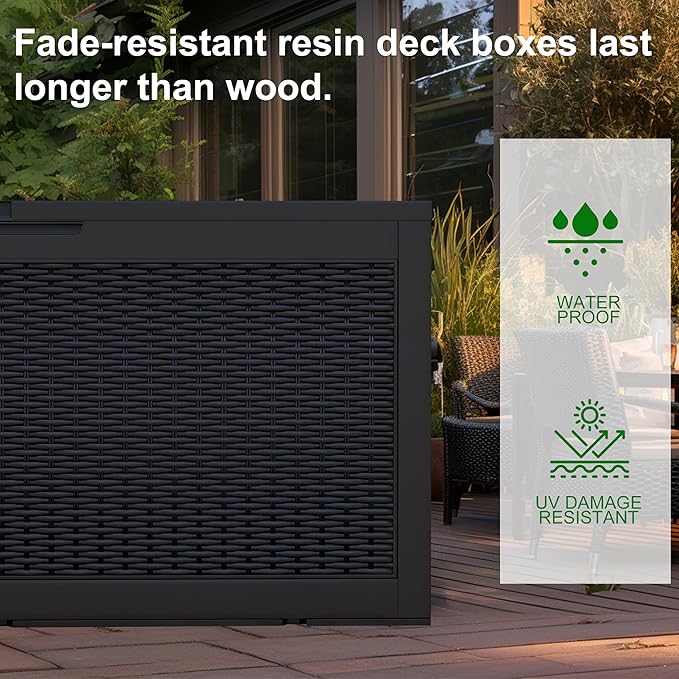 100 Gallon Outdoor Deck Box, Lockable Waterproof Outdoor Storage Boxes For Garden Tools,Indoor Cushions,Accessories Outside Storage Resin Weatherproof Container(Black) - Image 7
