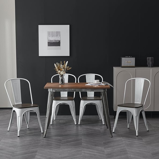 Nazhura Metal Dining Chair Farmhouse Tolix Style for Kitchen Dining Room Café Restaurant Bistro Patio, 18 Inch, Stackable, Waterproof Indoor/Outdoor (Sets of 4) (White with Wood Padding) - Image 2