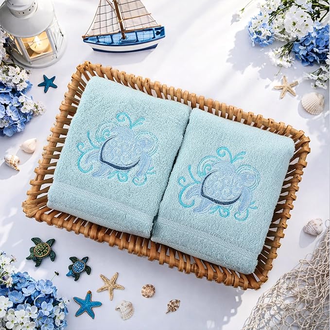 2 Pcs Sea Turtle Floral Hand Towels Pastel Blue Bathroom Decor 14x29 Inch - Image 4