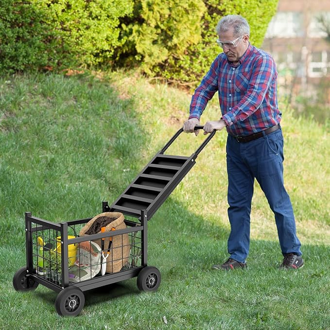 FLINTER Rolling Garden Work Seat with Wheels, Heavy Duty Garden Cart with Seat - Metal Rolling Garden Stool, Upgraded Gardening Cart for Seniors, Outdoor Wagon for Lawn, Patio Gardening, Black - Image 2