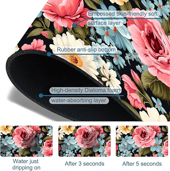 Colorful Flowers Sink Splash Guard Vintage Floral Faucet Absorbing Mat Fast - Image 3