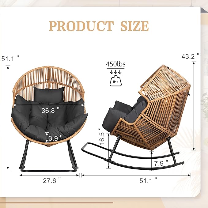 Vongrasig Wicker Rocking Egg Chair PE Rattan with Cushion, Oversized Patio Lounge Rocker Chair for Outdoor, Indoor, Balcony, Backyard, Garden, Black - Image 2
