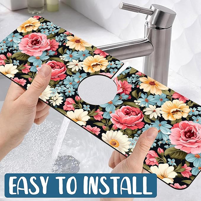 Colorful Flowers Sink Splash Guard Vintage Floral Faucet Absorbing Mat Fast - Image 5