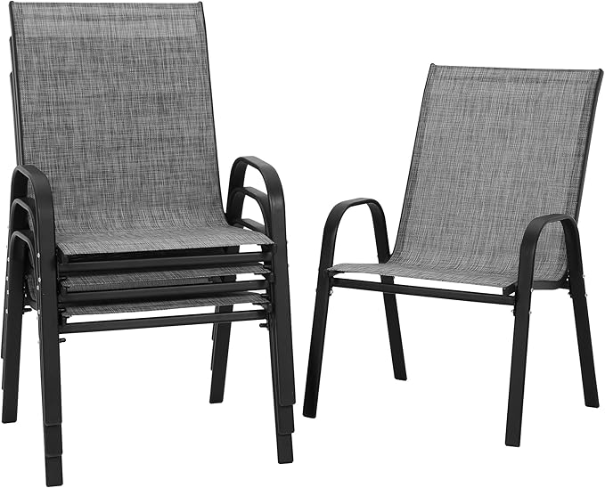 PIZZELLO Patio Chairs Set of 4, Outdoor Stackable Dining Chairs for All Weather, Lightweight Textilene Outdoor Chair Sets with Armrests, 330Lbs Capacity, for Backyard Porch Poolside Garden (Grey) by PIZZELLO