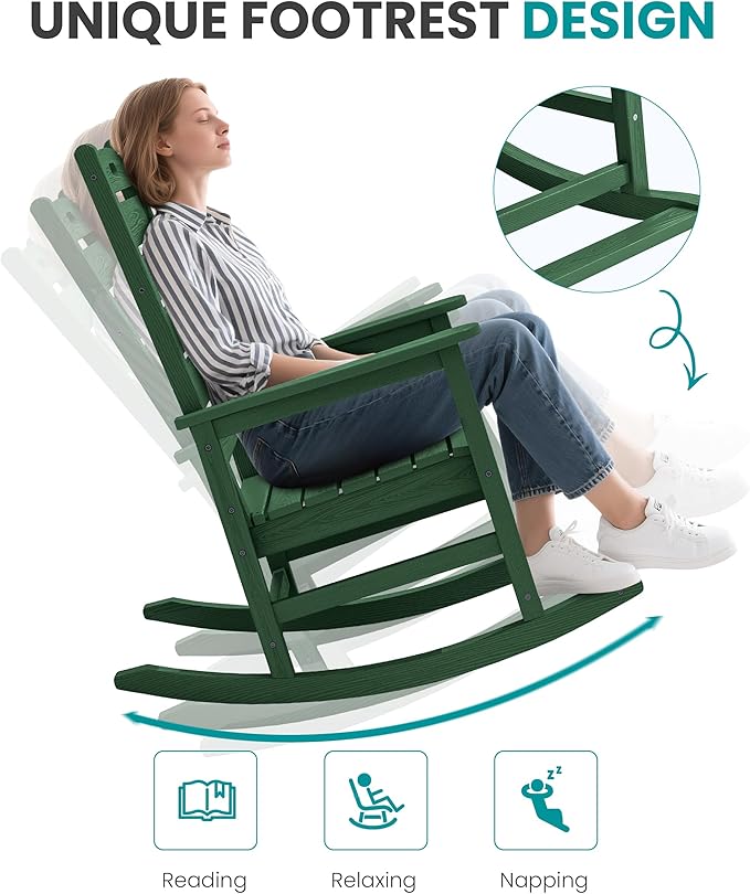 SERWALL Outdoor Rocking Chair Set of 4, Oversized HDPE Patio Rocking Chair with Footrest for Adults, All Weather Porch Rocker for Deck Patio Balcony, Green - Image 7