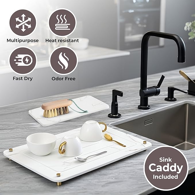Stone Drying Mat for Kitchen Counter + Sink Caddy | 15.7"x11.8" Diatomaceous - Image 4