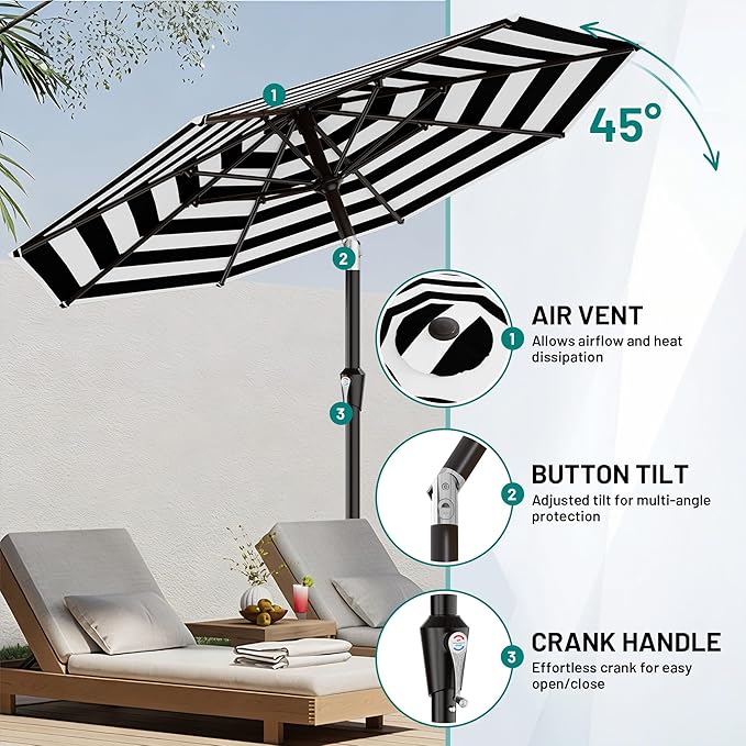 AreShark 9 FT Patio Umbrella for Outdoor, Outdoor Table Umbrella with Push Button Tilt and Crank, Outdoor Patio Umbrellas with 8 Sturdy Ribs for Market, Garden, Pool (Black & White Stripe) - Image 5
