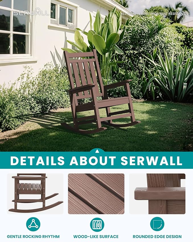 SERWALL HDPE Outdoor Rocking Chair Set of 8, Patio Rocking Chairs for Adults, All Weather Outdoor Rockers for Lawn, Brown - Image 4