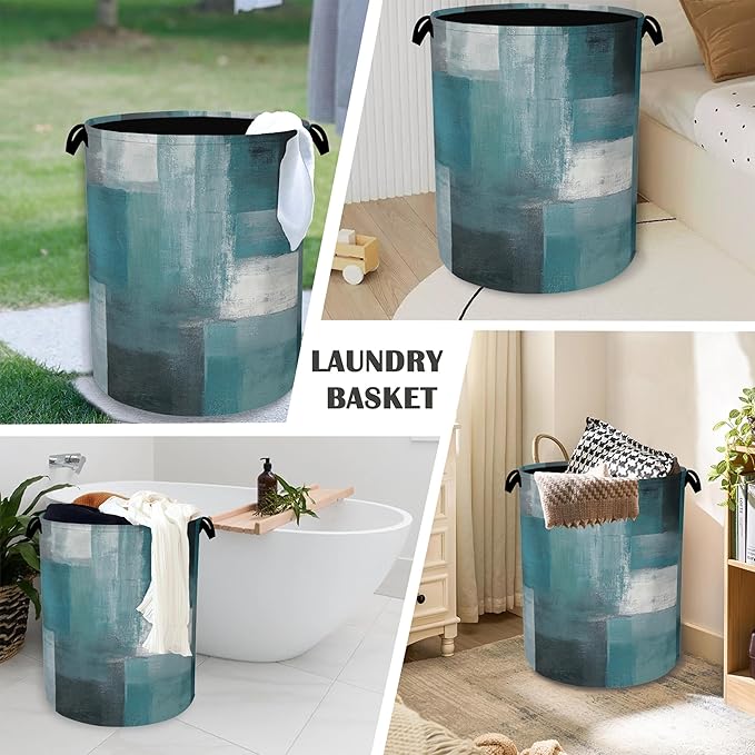 Blue Gray Modern Laundry Basket, Art Foldable - Image 4