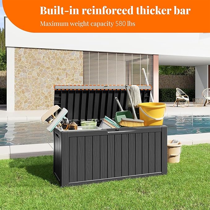 90 Gallon Resin Deck Box, Lockable Patio Outdoor Storage Box for Furniture, Garden Tools and Tools Storage, Waterproof Outside Storage Box - Black - Image 7