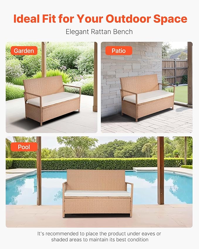 VEVOR Outdoor Storage Bench, 2-Person PE Rattan Storage Bench, 70 Gal Deck Box with Cushion, Supports up to 265 lbs, Weatherproof Outdoor Seating & Porch Decor for Patio Garden Balcony Yard - Image 8