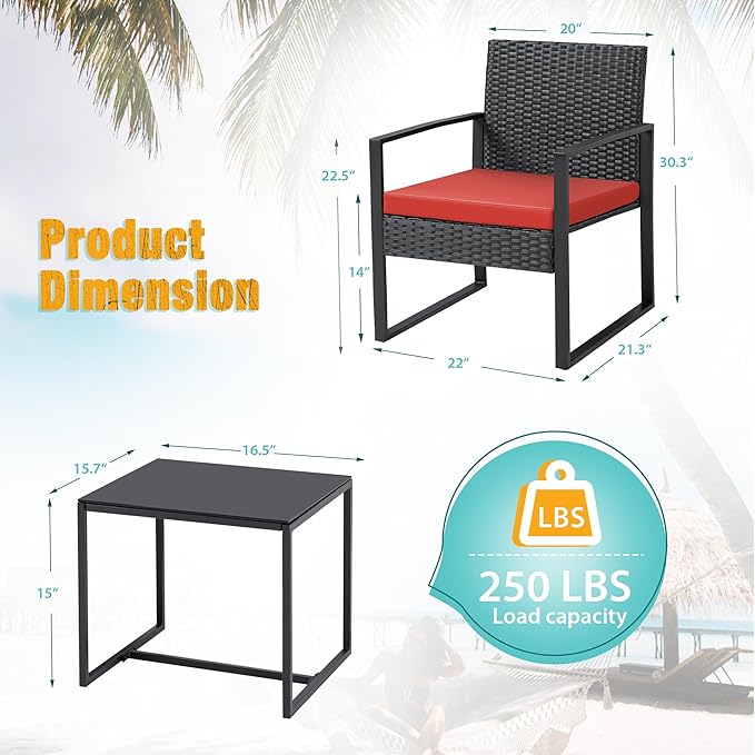 Flamaker 3 Pieces Wicker Patio Furniture Outdoor Modern Rattan Chair Conversation Sets with Coffee Table for Yard and Bistro (Red) - Image 6