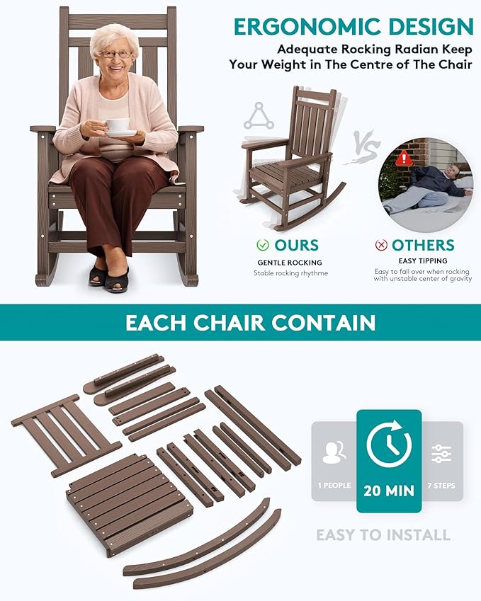 SERWALL Oversized Rocking Chair, Outdoor Rocking Chair for Adults, All Weather Resistant Porch Rocker for Lawn Garden, Brown - Image 5