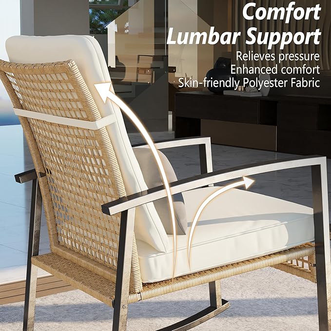 3 Piece Patio Rocking Chairs Set of 2, Outdoor Rocking Chair Bistro Set with Tempered Glass Coffee Table and Thick Lumbar Pillow Set, Front Porch Chairs for Garden, Backyard (Basic) - Image 3