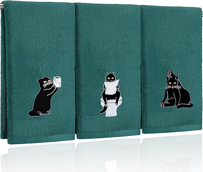 3 Pcs Cat Hand Towels for Bathroom Decor Funny Embroidered Black Cat Halloween by FuWeave