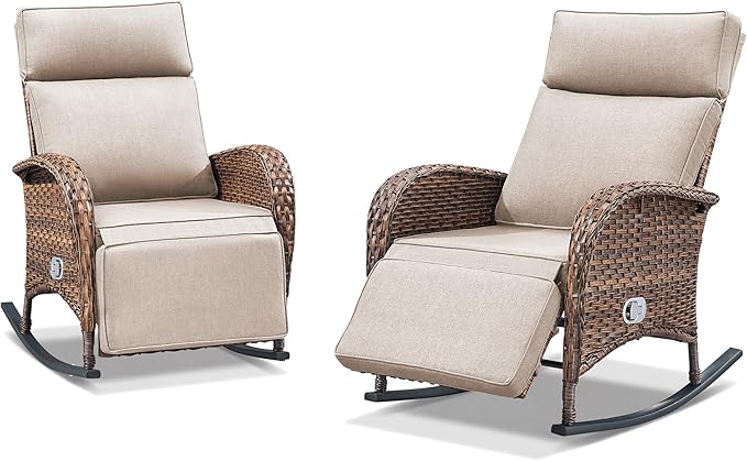 Zero Gravity Patio Rocking Wicker Recliner Chairs Set of 2- Wicker Outdoor Lounge Chair with Adjustable Backrest & Footrest, All Weather Reclining Rocker Chairs with Thick Cushion for Pool Deck Beige - Image 7