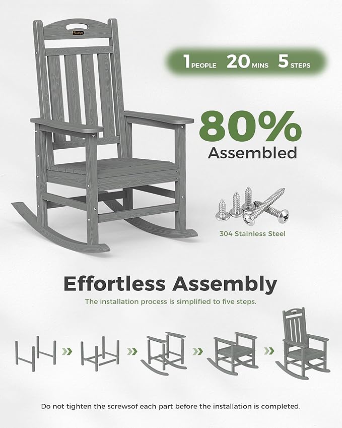 Oversized Rocking Chair Outdoor, High Back Porch Rocker Chair, HDPE All Weather Resistant Rocking Chairs for Patio, 380lbs Weight Capacity, Grey - Image 9