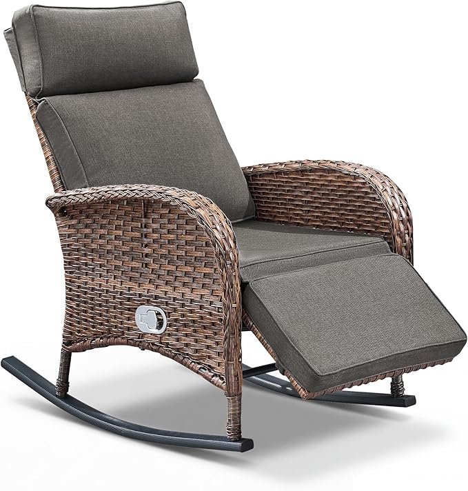 Zero Gravity Patio Rocking Wicker Recliner Chair - Wicker Outdoor Lounge Chair with Adjustable Backrest & Footrest, All Weather Reclining Rocker Chairs with Thick Cushion for Pool Deck Gray - Image 7