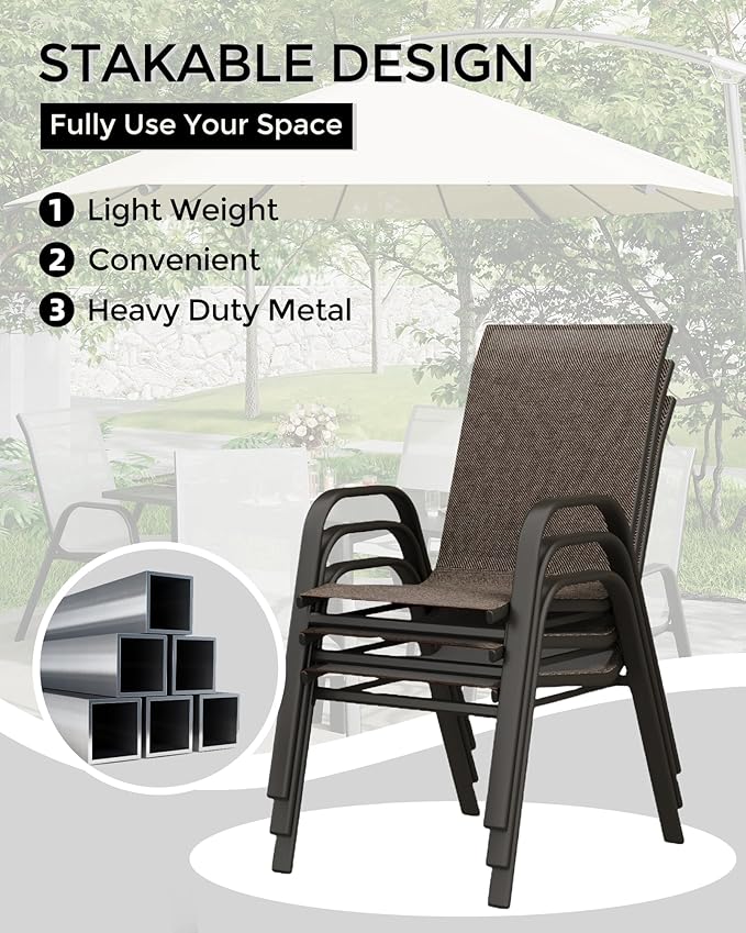 Outdoor Stackable Dining Chairs Set of 4, High-Back Patio Stacking Chairs, Patio Chairs with Textilene Farbic & Metal Frame for Lawn Backyard Deck Garden,Brown - Image 6