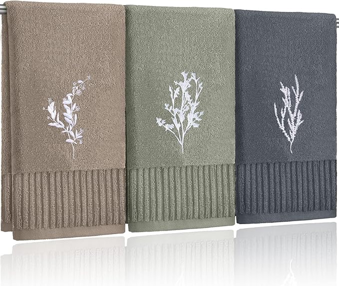 3 Pcs Boho Botanical Hand Towels Bathroom Decor Retro Embroidered Minimalist by FuWeave
