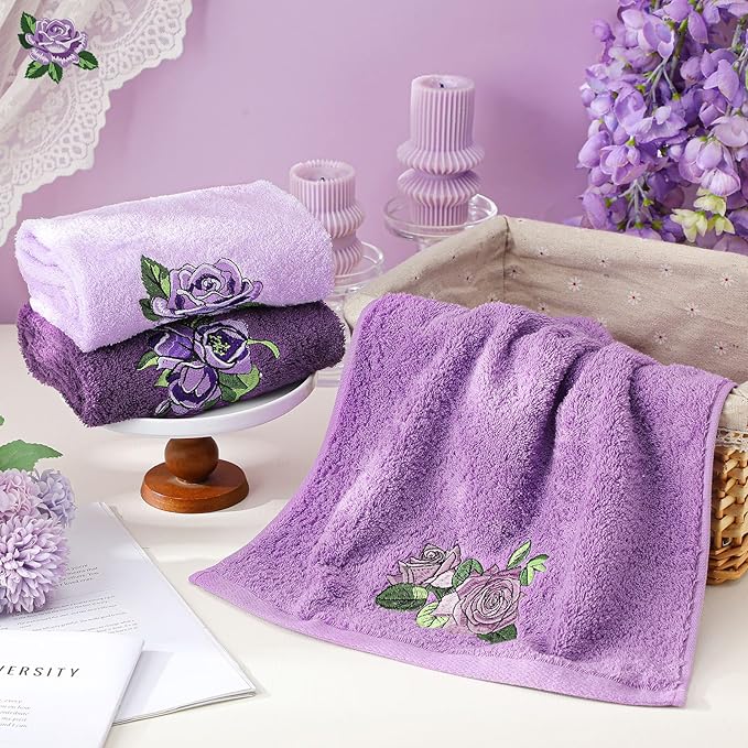 3 Pcs Purple Rose Hand Towels Lavender Purple Bathroom Decor Embroidered Floral - Image 4