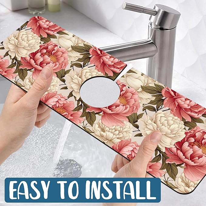 Beautiful Peony Sink Splash Guard Bright Peonies Faucet Absorbing Mat Fast - Image 5
