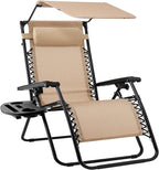 Best Choice Products Folding Zero Gravity Outdoor Recliner Patio Lounge Chair w/Adjustable Canopy Shade, Headrest, Side Accessory Tray, Textilene Mesh - Beige by BestChoiceProducts