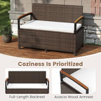 RELAX4LIFE Wicker Outdoor Storage Bench - Rattan Deck Box w/Protective Liner for Patio Furniture Pillows, Pool Supplies & Garden Tools, Porch Loveseat with Seat Cushion, Acacia Wood Armrests - Image 6