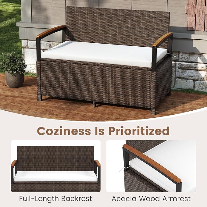 RELAX4LIFE Wicker Outdoor Storage Bench - Rattan Deck Box w/Protective Liner for Patio Furniture Pillows, Pool Supplies & Garden Tools, Porch Loveseat with Seat Cushion, Acacia Wood Armrests - Image 6