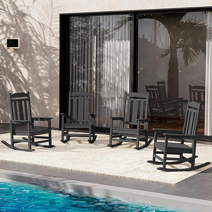 SERWALL Oversized Rocking Chair Set of 4 Outdoor, HDPE Outdoor Rocking Chair Set of 4, Black by SERWALL