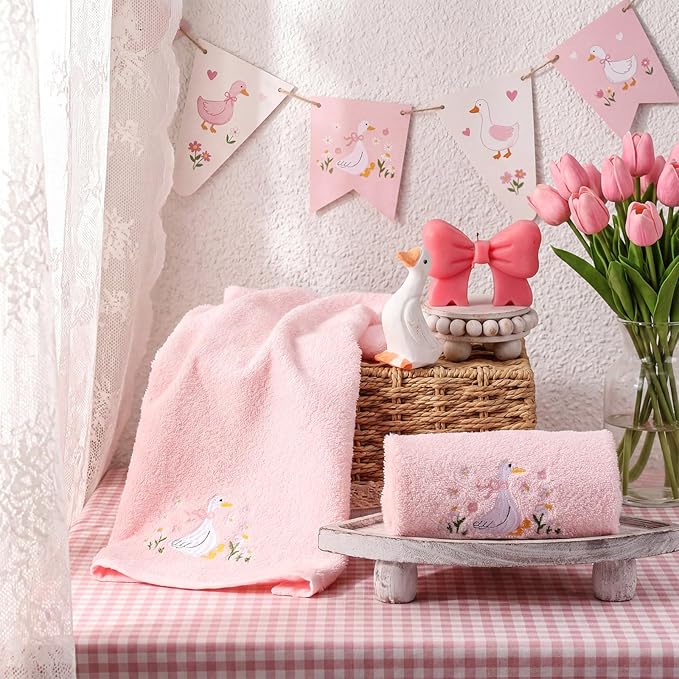 2 Pcs Silly Goose Hand Towels Blush Pink Bathroom Decor 14x29 Inch Embroidered - Image 2