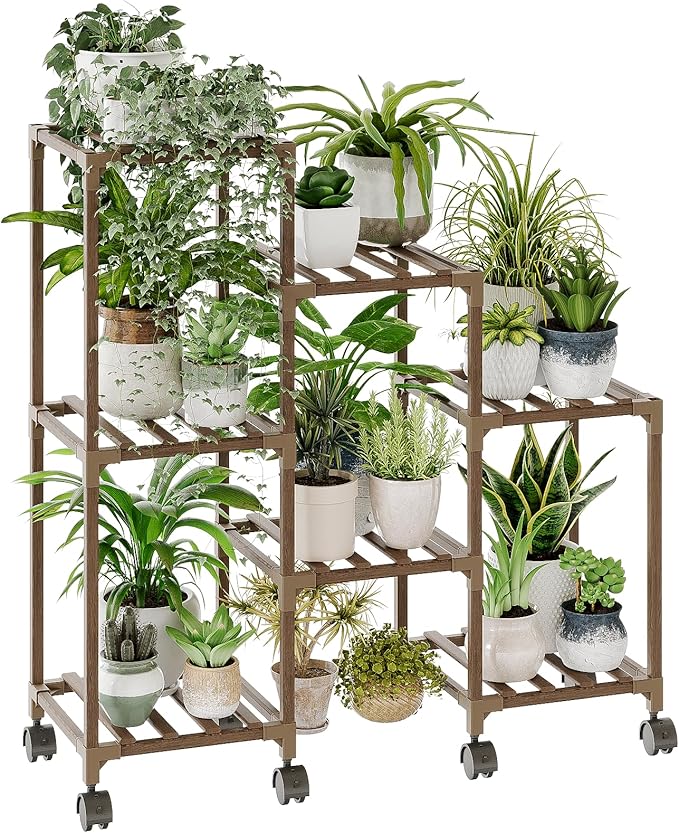Bamworld Plant Stand with Wheels for Indoor Plants Wood Outdoor Tiered Shelf 3 Tire 7 Potted Ladder Plant Holder Table Pot Stand for Window Garden Balcony Patio Living Room (natureDL) by Bamworld