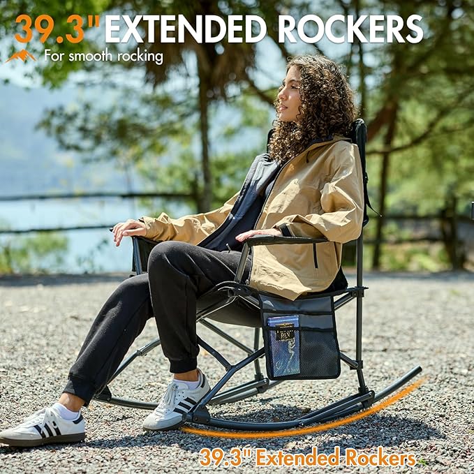 Portal Outdoor Rocking Chair Camping Folding Portable Rocker with Cup Holder Side Pocket Carry Bag, Support 350LBS (Black) - Image 4