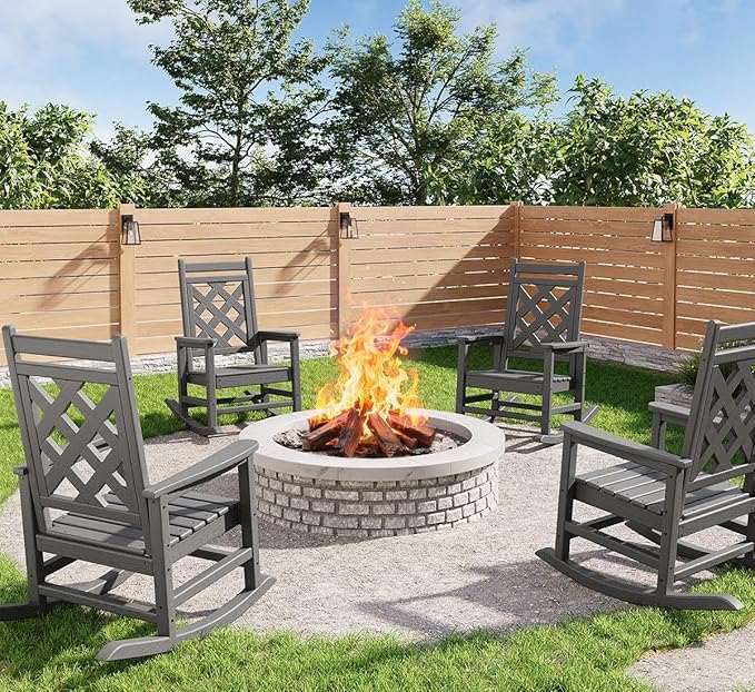 GarveeLife Outdoor Rocking Chair Set of 4, HDPE Weather Resistant Patio Rocking Chair Porch Rocker with Wood Texture & 380 LBS Support for Deck, Pool, Backyard, Gray by GarveeLife