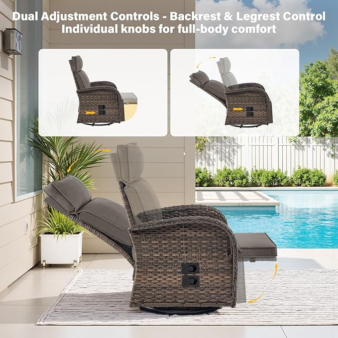 Belord Dual-Adjust Outdoor Swivel Recliner Chair – Wicker Reclining Patio Chair with Adjustable Backrest and Footrest, All-Weather Wicker Chaise Lounge Chair Outdoor for Pool Deck (2.0) - Image 3