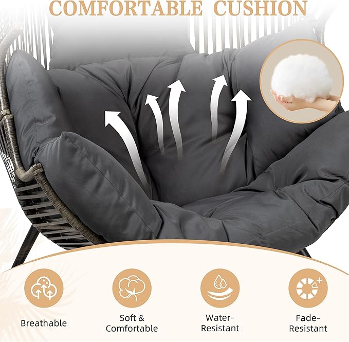 Vongrasig Wicker Egg Chair PE Rattan Chair with Cushion, Oversized Patio Lounge Chair for Outdoor, Indoor, Balcony, Backyard, Garden, Living Room, (Black/Rattan) - Image 3