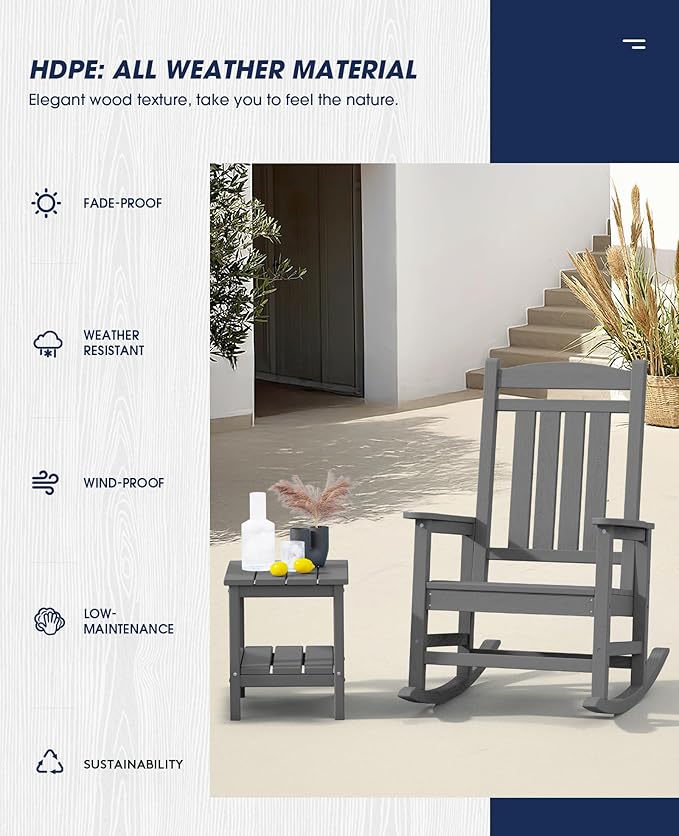KINGYES Oversized Outdoor Rocking Chair Set of 2, HDPE Patio Rocking Chairs for Adults,Gray - Image 5