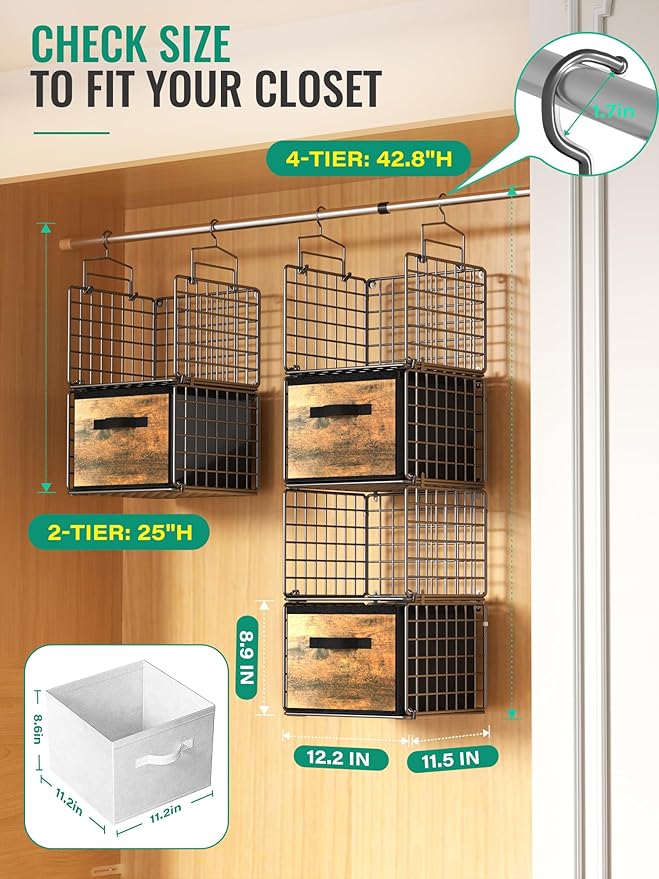 Hanging Closet Organizer with Drawers, 4 Tier Metal Closet Organizers and - Image 2