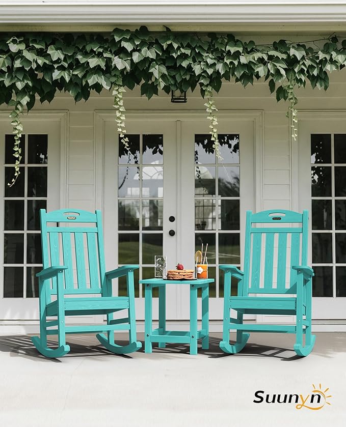 Oversized Outdoor Rocking Chair Set of 2, HDPE All-Weather Patio Rocking Chairs, High Back Outdoor Rocker for Porch, Patio, Lake Blue - Image 2