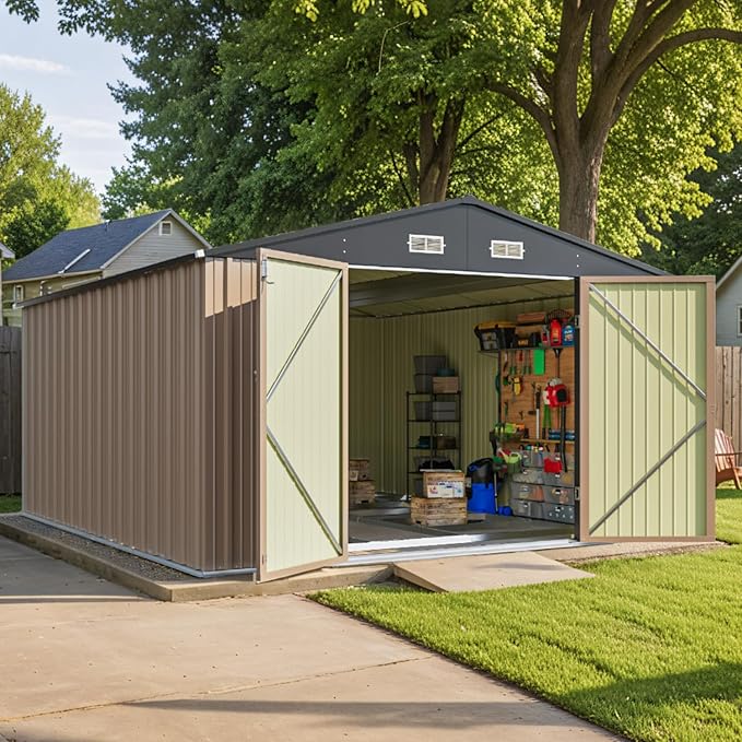 Patiowell 10 x 12 FT Metal Storage Shed for Outdoor with Floor Frame, Steel Yard Shed with Design of Lockable Doors, Utility and Tool Storage for Garden, Backyard, Patio, Outside use,Brown by Patiowell